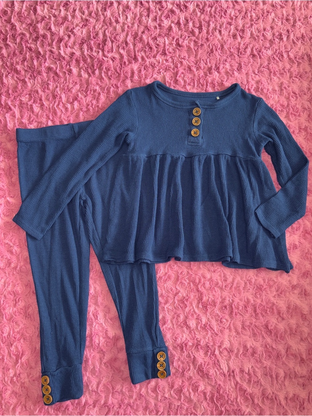 Posh Peanut Navy Blue Two-Piece Waffle Set with Button Detail 4T